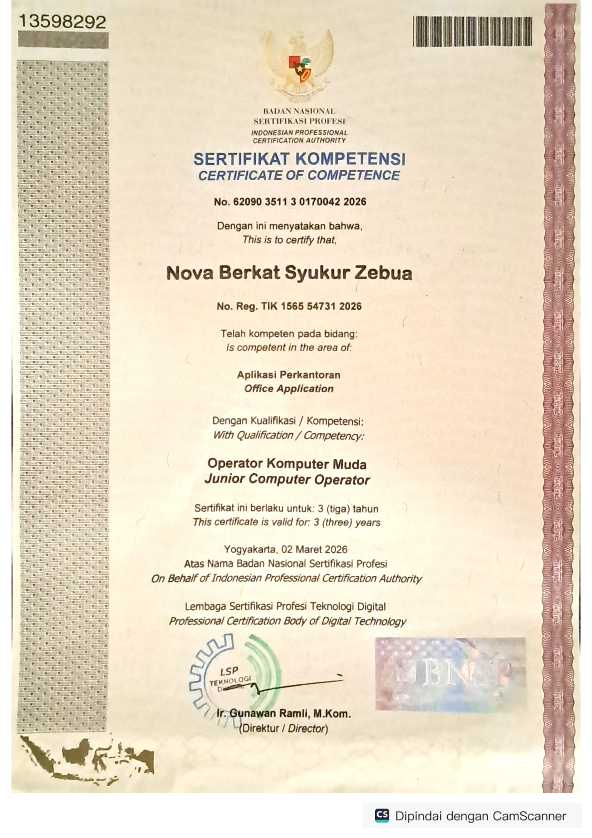 Sertifikat Kompetensi Operator Komputer Muda
